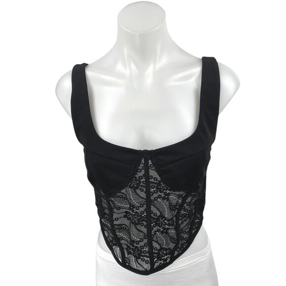 Lulus Black Floral Lace Sleeveless Corset Bustier Cami Camisole Tank Crop Top M - Picture 1 of 4